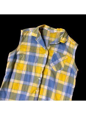 Vintage Sleeveless Plaid Button Up Shirt 1950s Sears Kerrybrooke Yellow Blue